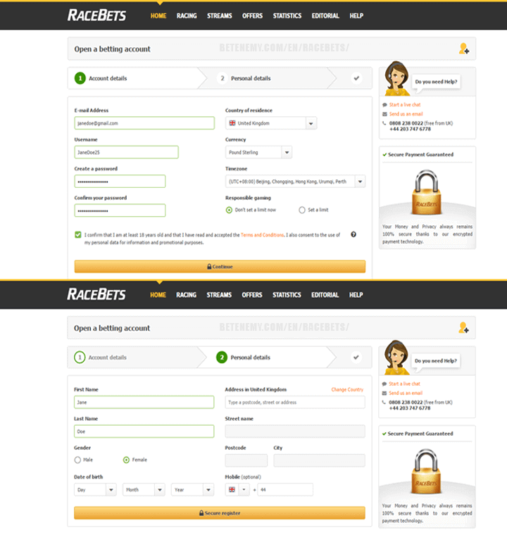 RaceBets registration form