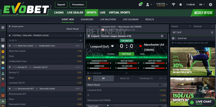 Evobet's landing page in Sports Section