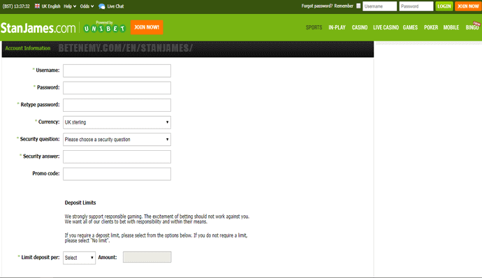 StanJames account details